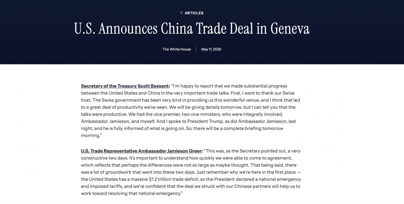 美國華府發布新聞稿宣布 Deal!美中關稅貿易戰達成重要共識已熄火?
